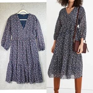 Madewell Tie Waist Midi Dress Harvest Vine Floral Navy Size M Tier V-neck Boho